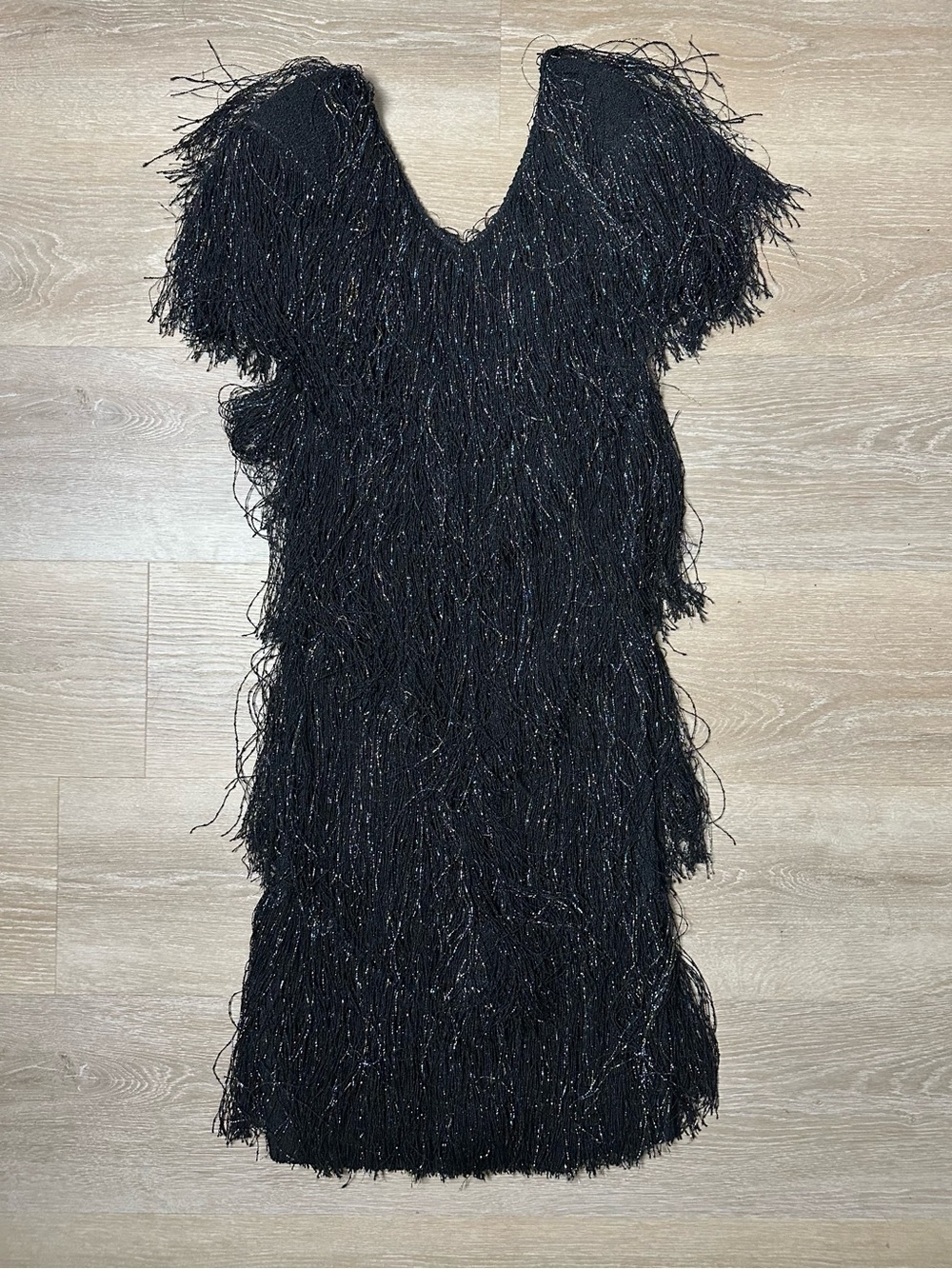 80s Brenda French for Cache Hand Loomed Black Tiered Fringe Metallic Rayon Dress